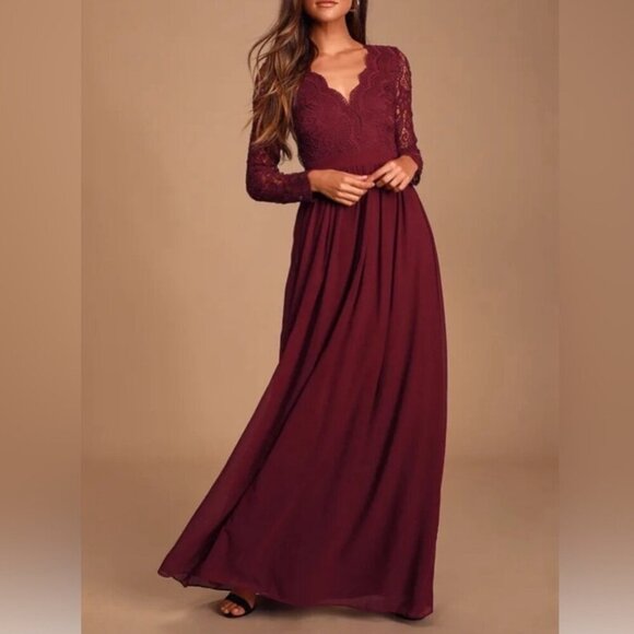 NWT Lulus Burgundy Awaken My Love Long Sleeve Open Back Lace Maxi Dress, Size S - Picture 2 of 16